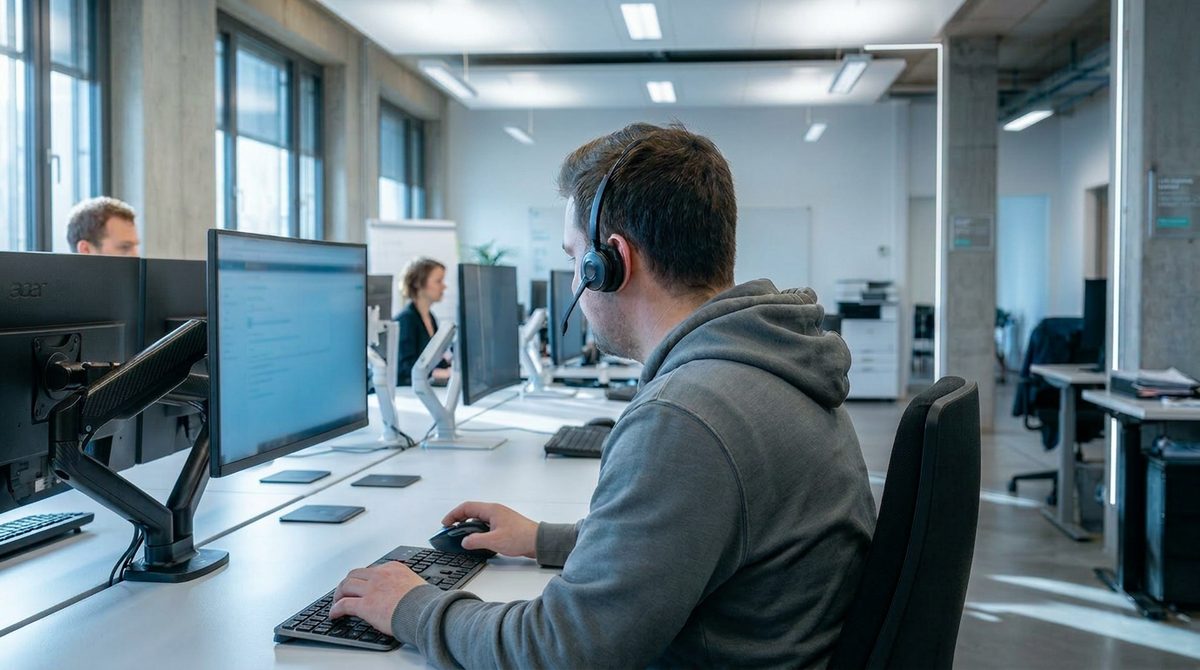 Vertriebsmitarbeiter mit Headset am Arbeitsplatz, KI-gestützte Lead-Qualifikation